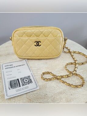 Rare 2019 Chanel Caviar Iridescent Yellow Camera Bag with Gold Hardware